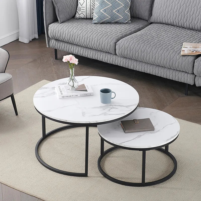 Modern Nest of 2 Table Stacking Accent Table with MDF Top and Black Metal Frame for Living Room