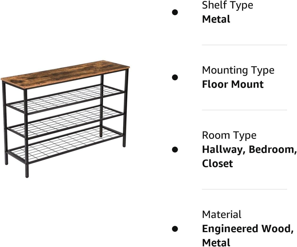 Roomy Industrial Style Shoe Rack 3-Tier with MDF Top