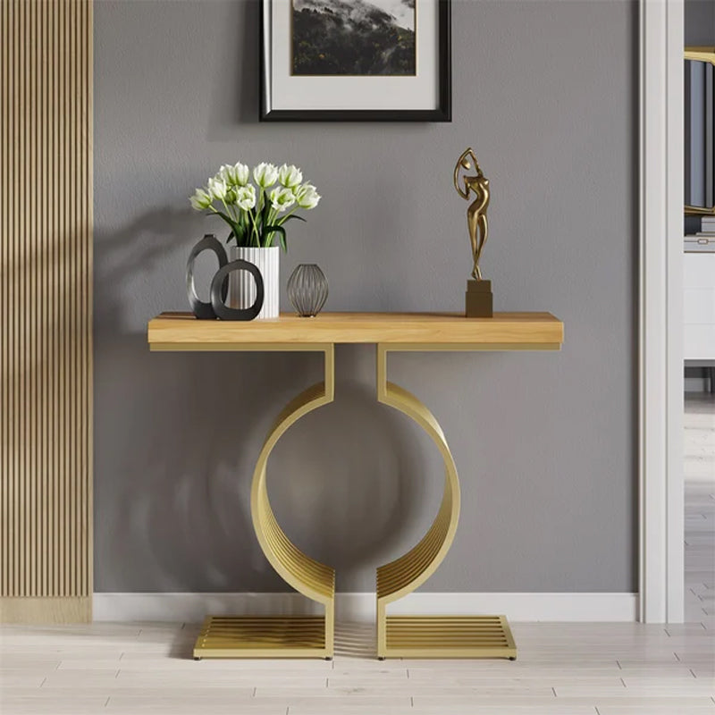 Modern Narrow Console Table with Geometric Metal Base Walnut Entryway Table