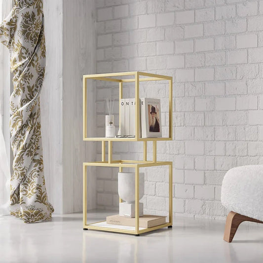 2-Tier Modern Gold Cube Bookcase with Metal Tower Display Shelf