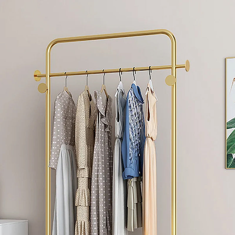 Metal Clothing Rack Freestanding Cloth Rail Rack with Hooks & MDF Base in Gold