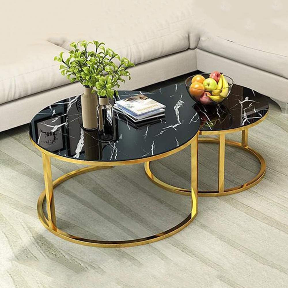 Modern Marble Coffee Table 2 Round Nest Tables with Brass Stainless Steel Frame Marble Coffee Table.