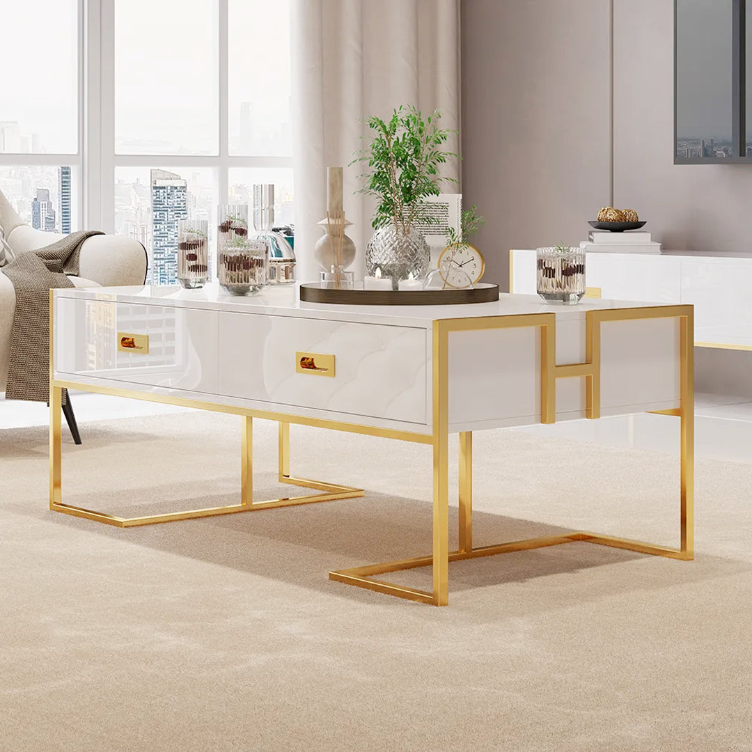 Jocise Modern White Rectangular Coffee Table with Drawers Lacquer Gold Base