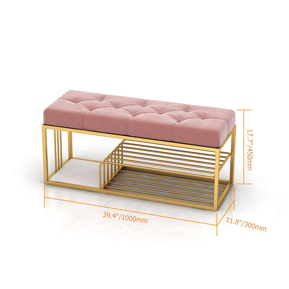 Velvet Upholstered Entryway Bench with Storage Bed Bench in Pink