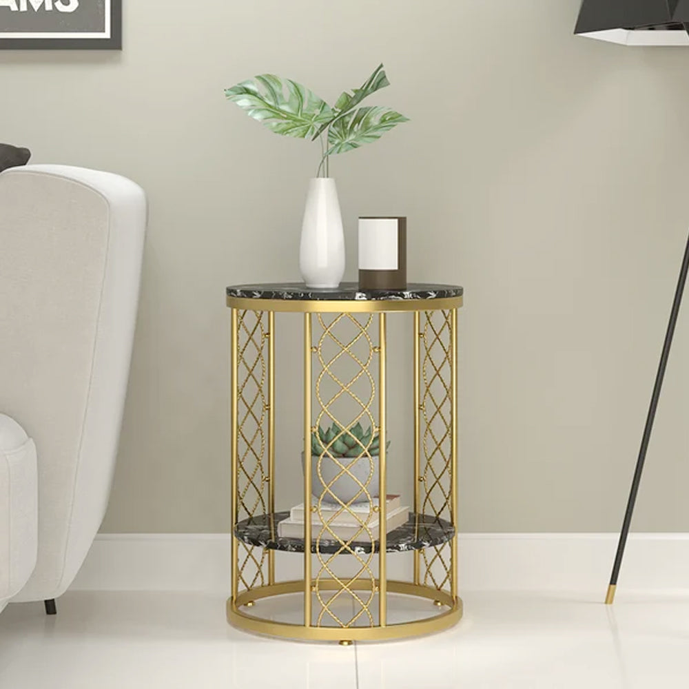 Handmade Black End Table with Storage MDF Side Table Metal in Gold