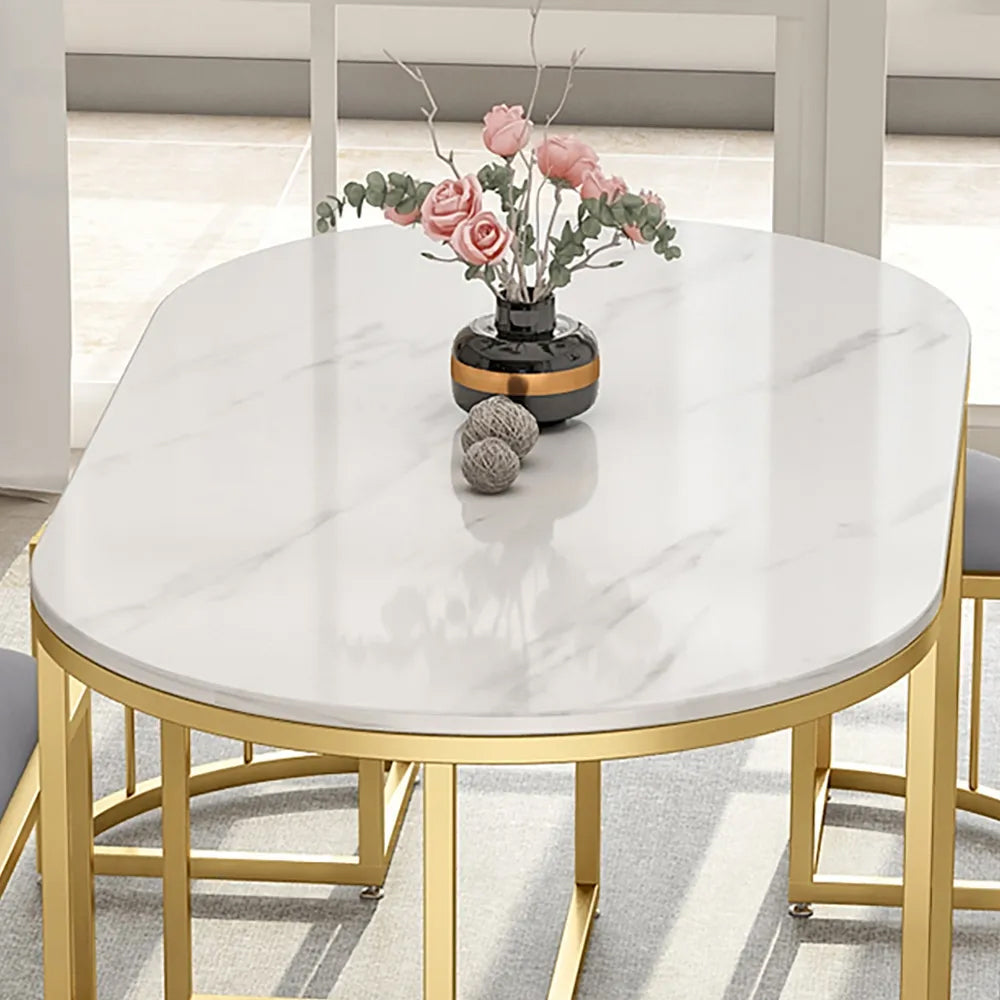 Modern White Oval Dining Table with Stools MDF Top & Metal Frame