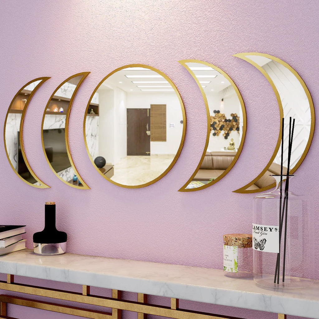 Moon Cycle Designer Mirrors (Set of 5) in Golden Finish Frame