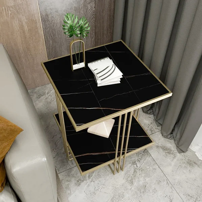 Black MDF Top Side Table with Storage and Geometric Gold Frame