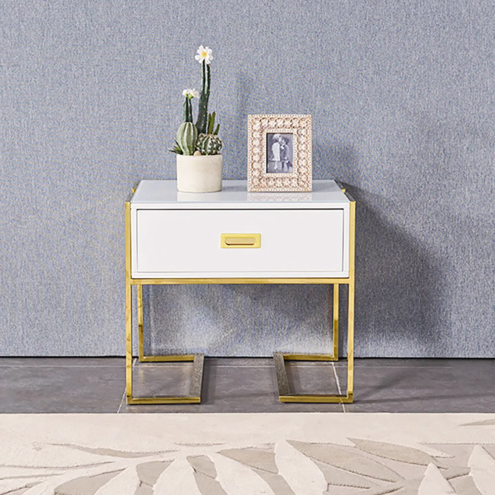 Jocise Modern White Side Table Wooden End Table with 1 Drawer & Golden Double Pedestal
