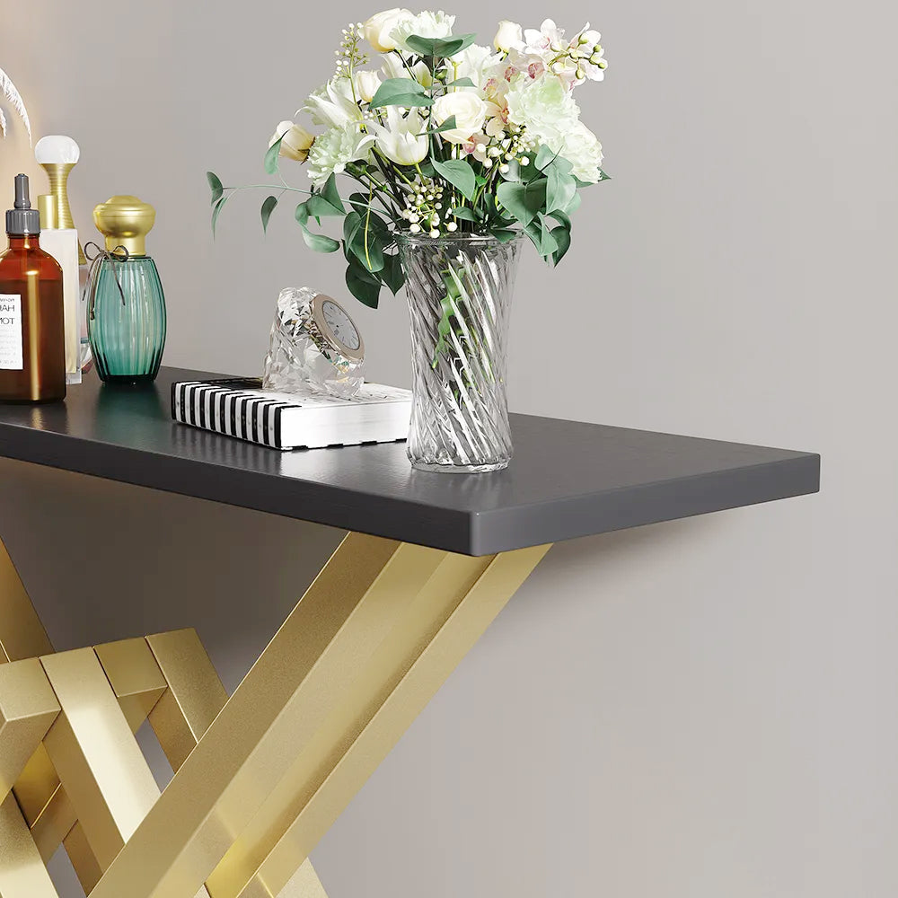 Black & Gold Narrow Sofa Console Table Entryway Table with Trestle Metal Base