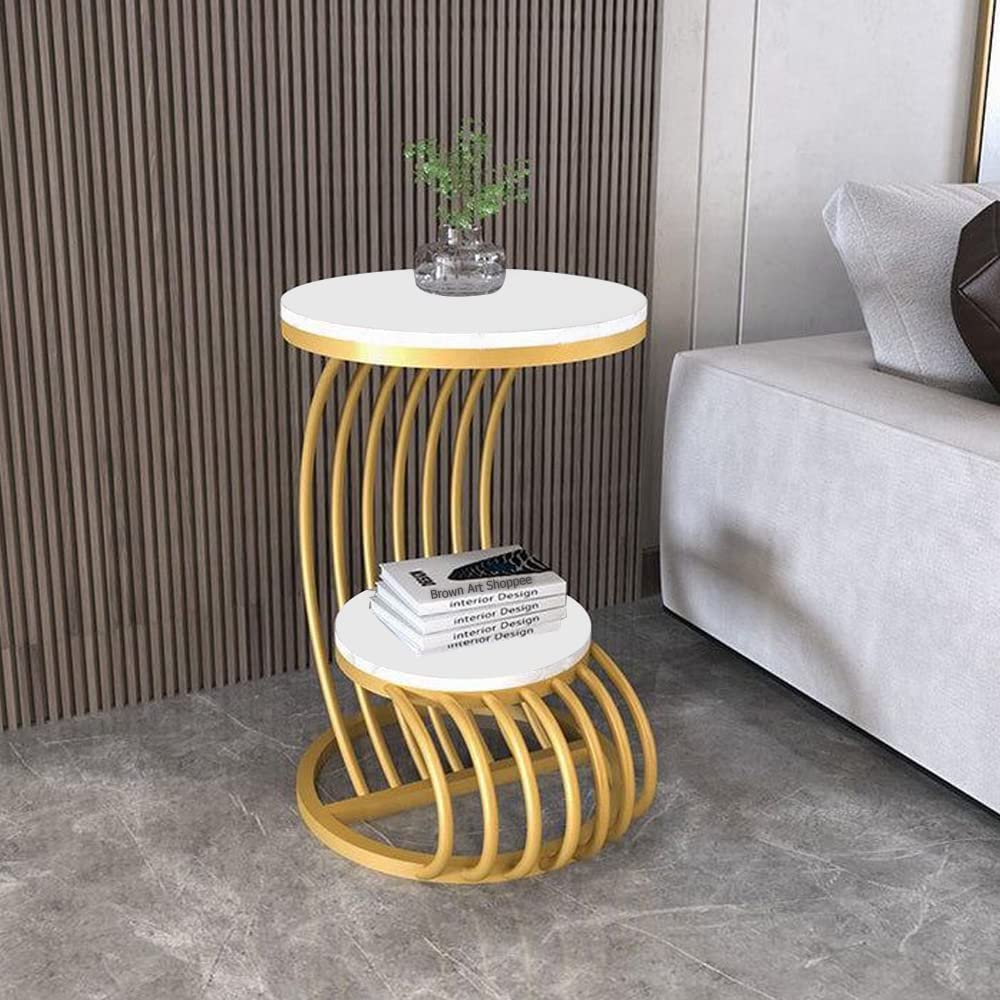 Accent Coffee Table Simple Modern Bedside Cabinet Small Round Table MDF Top Metal Table Living Room Sofa-Golden/White