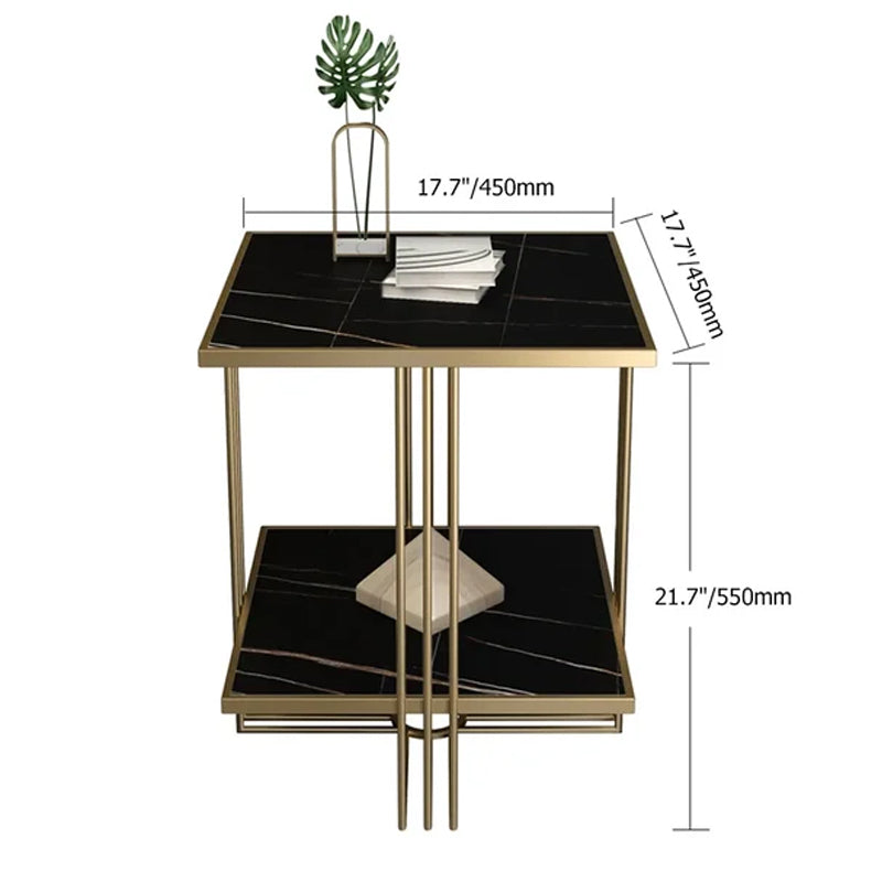 Black MDF Top Side Table with Storage and Geometric Gold Frame
