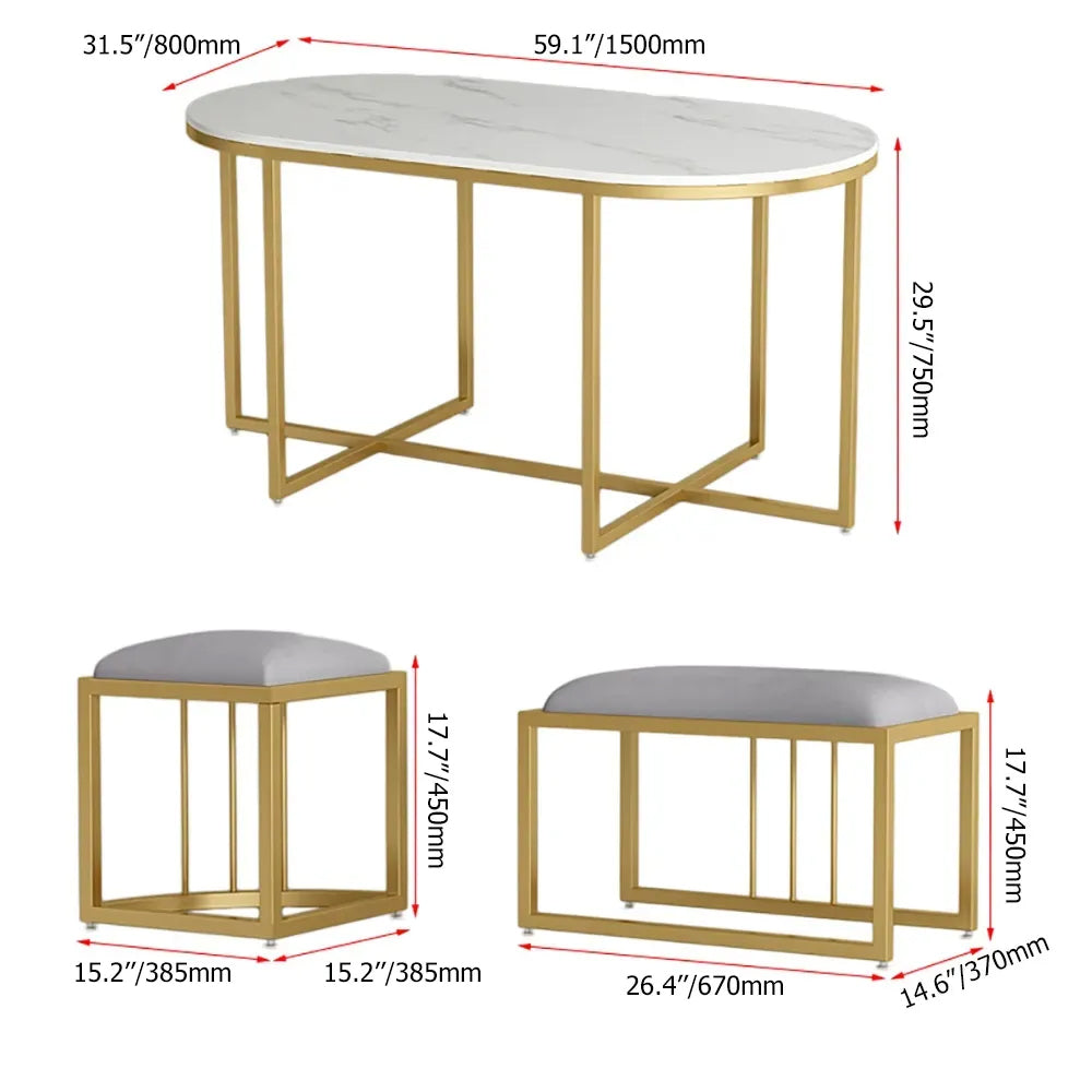 Modern White Oval Dining Table with Stools MDF Top & Metal Frame