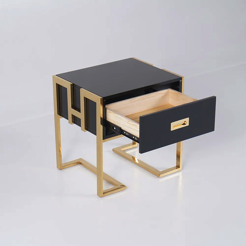 Jocise Modern Black Wooden End Table with 1 Drawer & Golden Double Stainless Steel Pedestal