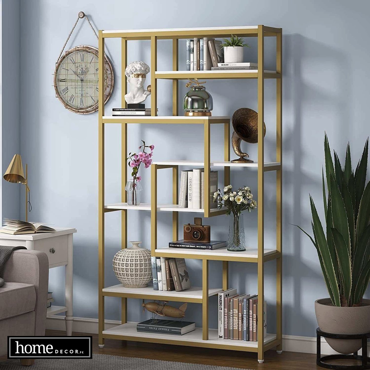8-Shelves Staggered Bookshelf, Rustic Industrial Bookcase