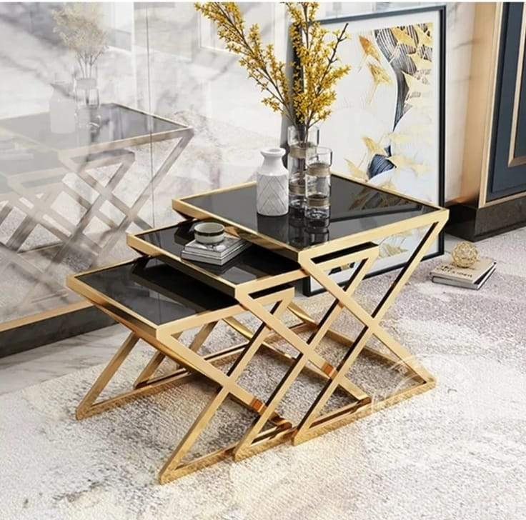 Stylish Stainless Steel Nesting Table in Gold Set of 3