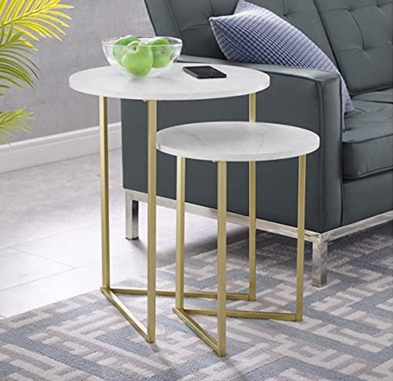 Nesting Table Set Modern Round Metal Base Nesting Set Side Accent Living Room Storage Small End Table, Set of 2, White Laminated