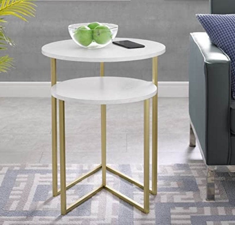 Nesting Table Set Modern Round Metal Base Nesting Set Side Accent Living Room Storage Small End Table, Set of 2, White Laminated