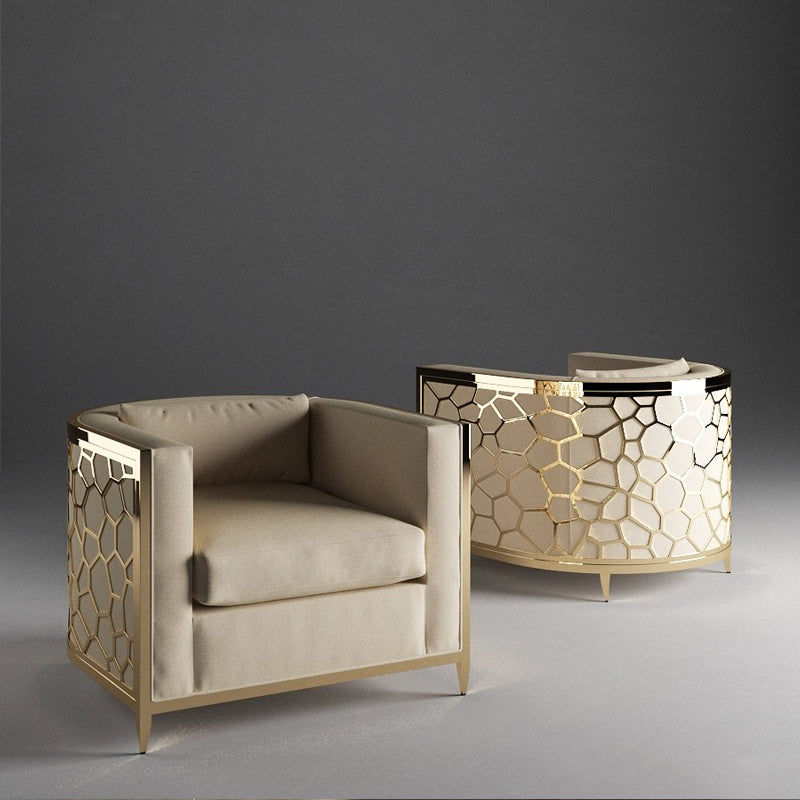Contemporary Laser Cut Gold Frame with Colorful Velvet Cushion Backrest Lounge Seat Sofa Chair