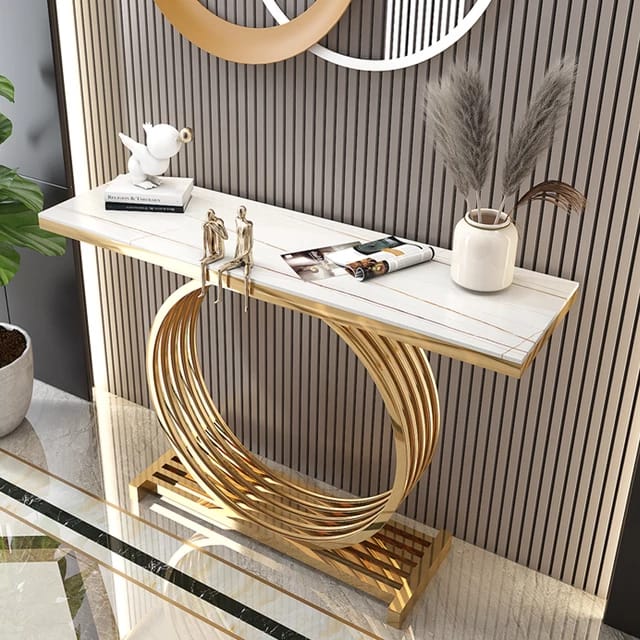 Stylish Console Table, Modern Mdf Sheet Top Entryway Table with Gold Base, Suitable for Living Room Hallway