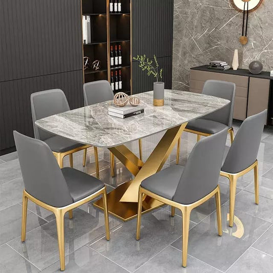 Montary ,7-Piece Dining Table Set - 60" UV Sheet Table Top & Golden Legs chairs
