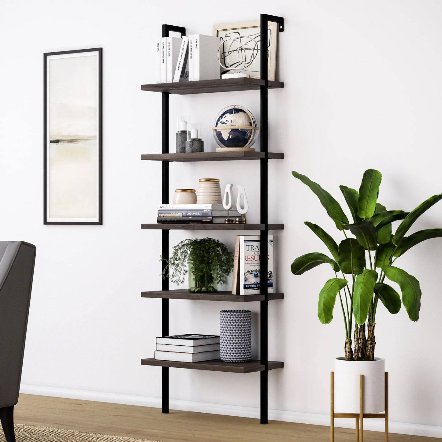 Nathan James Theo 5-Shelf Wood Modern Bookcase, Open Wall Mount Ladder Bookshelf with Industrial Metal Frame, Dark Brown Nutmeg/Black