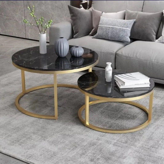 Set Of 2 Round Metal Frame Stacking Coffee Table, Marble-Effect MDF Top