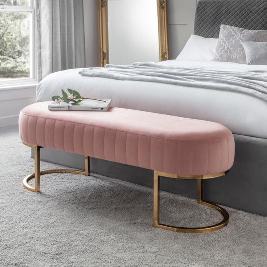 Safina Velvet Bench in Baby Pink with Gold Legs