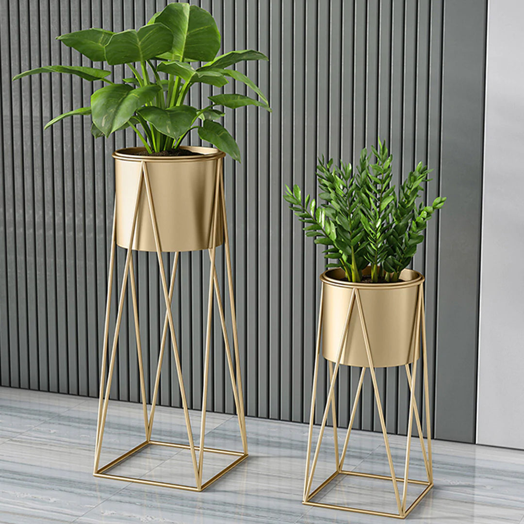 Gold Metal Plant Stand with Gold Flower Pot Holder (2Pcs)