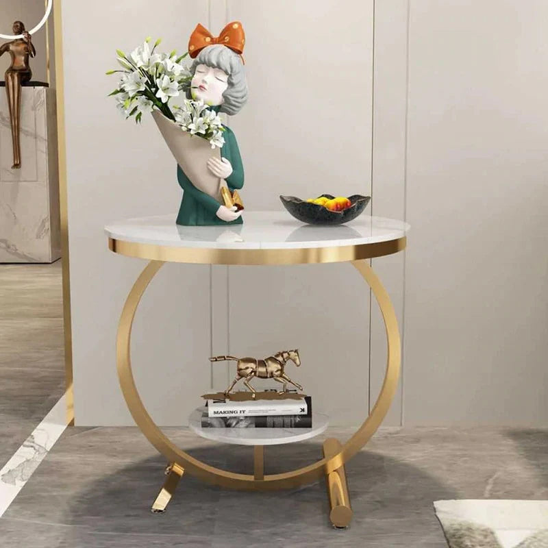 Nordic Design Luxury tableLuxury Two Layers Marble Coffee Table Black Gold Frame Small Round Movable Corner Furniture Home Table