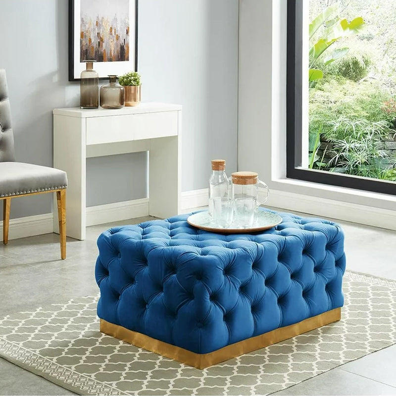 Portia Tufted Velvet Ottoman in Navy Blue with Metal Gold Base