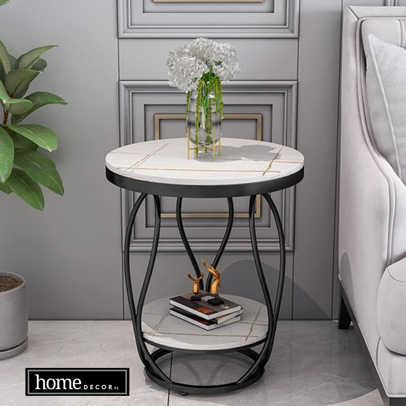 Round Sofa Side Table with 2-Tier Storage