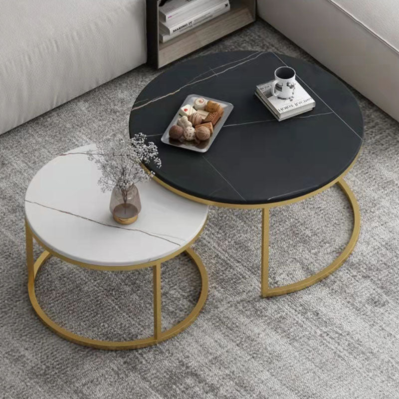 Set Of 2 Round Metal Frame Stacking Coffee Table, Marble-Effect MDF Top