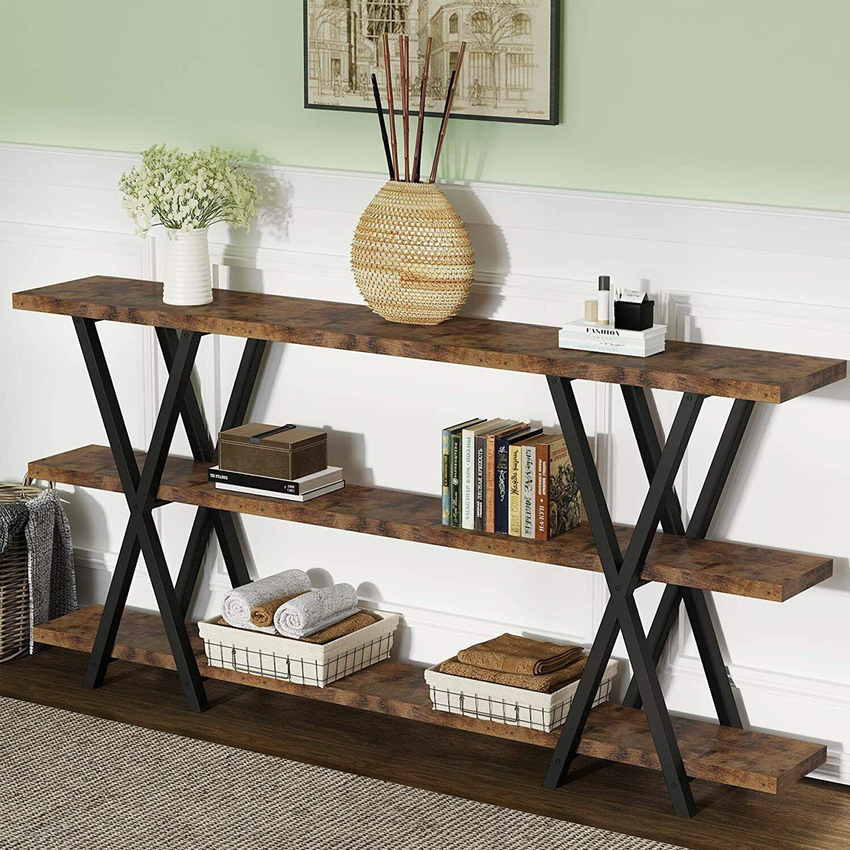 Console Table 3-Tier Solid Wood Storage Shelf